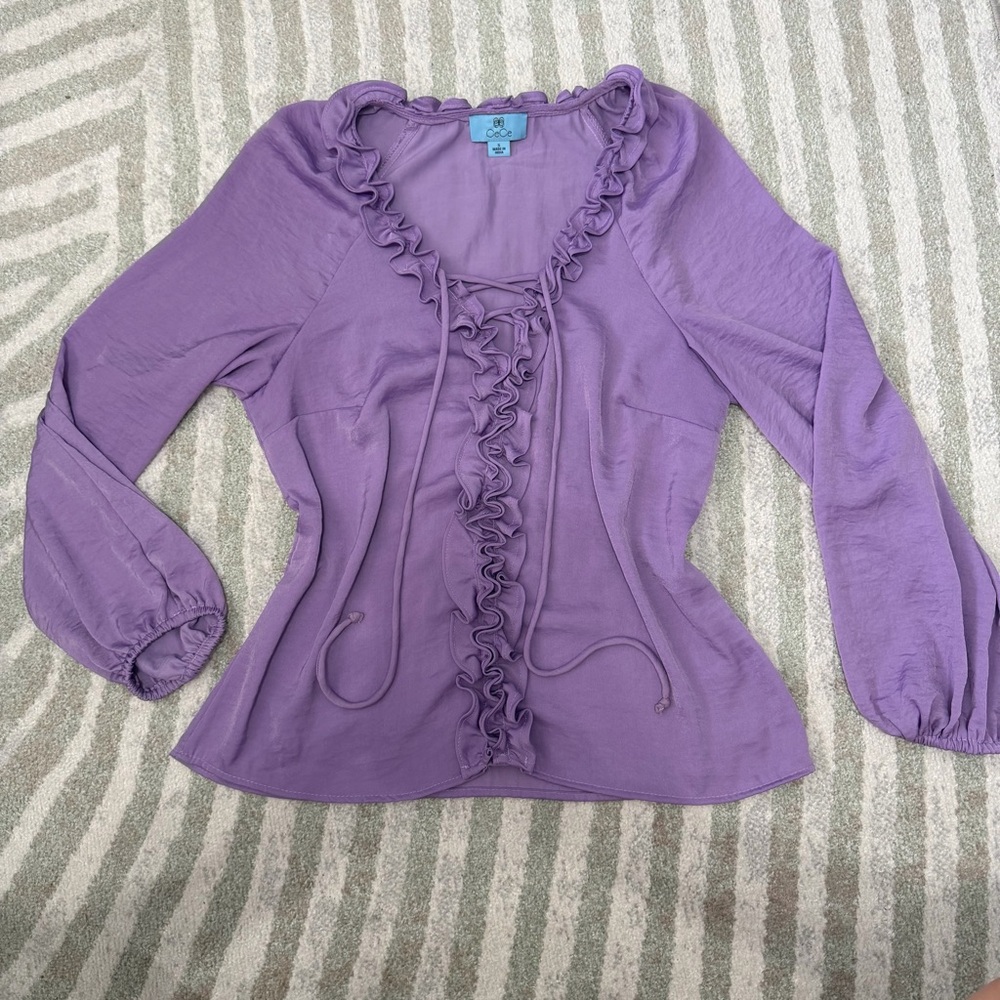 CeCe Lavender Ruffle-Front Peasant Blouse